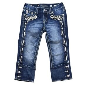 Miss Me Jeans Capri Embellished Bling Floral Wing Rhinestones SZ 25 Thick Stitch